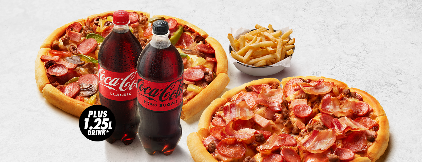 2 Large Pizzas + 2 Sides $26.95 Pickup or $33.95 Delivered