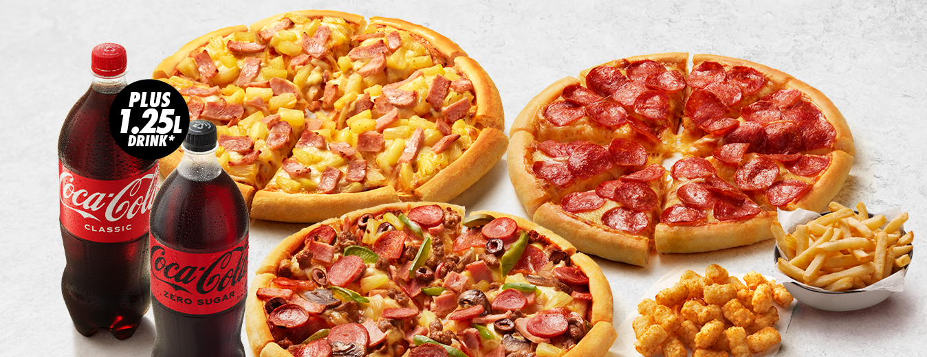 3 Large Pizzas & 3 Sides $35.95 Pickup or $38.95 Delivered